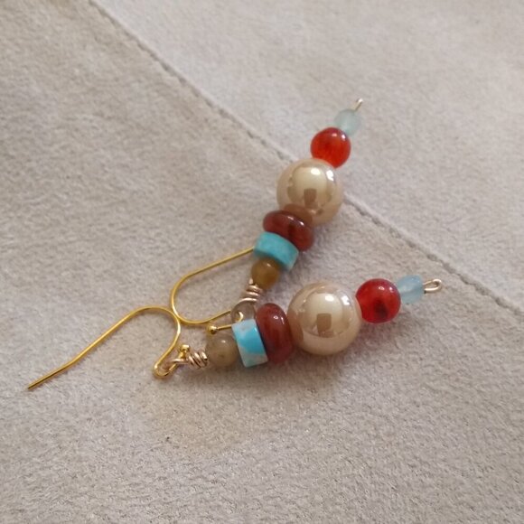 Colorful & Vibrant! Gemstone Beaded Cepter Earrings! Fall Colors! Mixed Media - Picture 7 of 9
